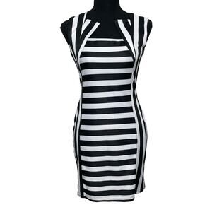 Women's Dress Mini Sleeveless Stripe Square‎ Neckline Black White XS